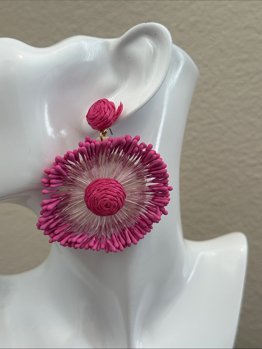 Fashion Jewelry Hot Pink Raffia Floral Drop Earrings - Women Jewelry